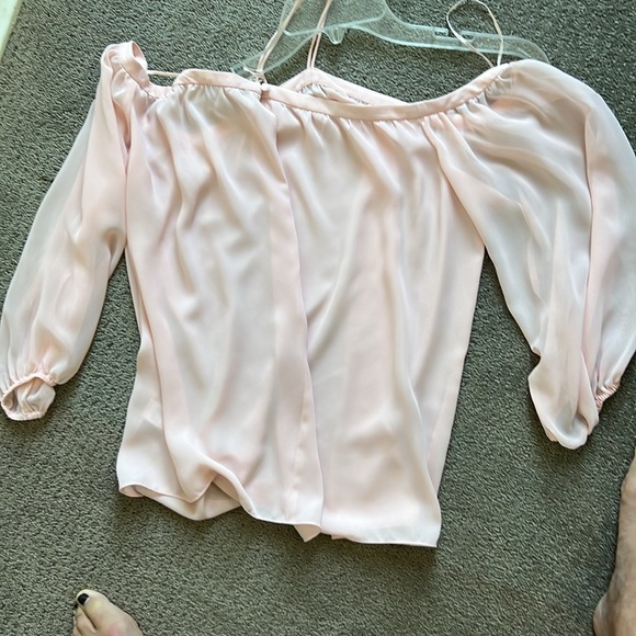 Pretty polyester, pink off the shoulder blouse with sheer sleeves. Never worn - Picture 2 of 2